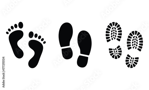 Footprints and Shoe Prints Vector Set: Barefoot, Shoes, Boots.