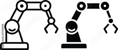 Industrial Robot Arm Icons. Modern Automation and Robotics Outline and Solid Designs and Vector Silhouette..eps
