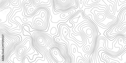 Geography landscape Topo contour map on white background, Topographic contour lines. Seamless pattern with lines Topographic map. Geographic mountain relief diagram line wave carve pattern.	