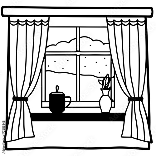 Cozy window view with curtains, a cup, and a vase