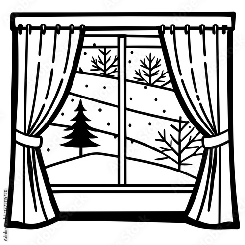 Snowy window view with curtains and trees