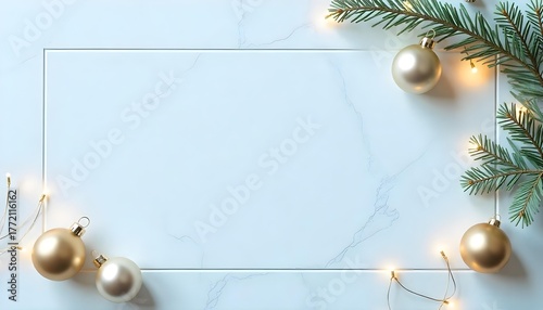 Minimalist Christmas decor including wrapped presents and ornaments on a bright white background, evoking a cozy atmosphere