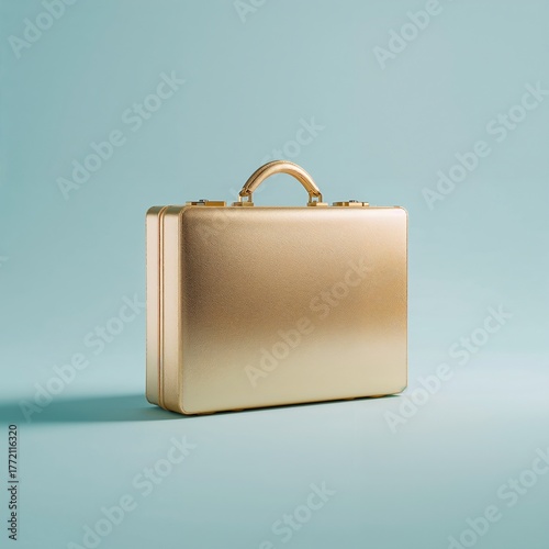 Golden Briefcase on Light Blue Background