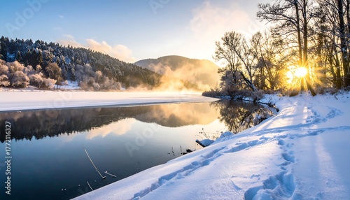 A winter scene captures a snow-covered landscape with a lake reflecting the morning sunlight, creating a serene, frosty ambiance