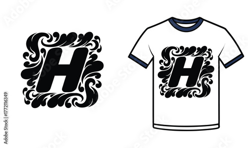 Ornate Black Letter H Monogram With Flourish Frame On White T-Shirt Design