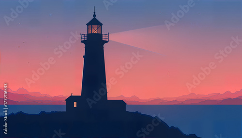 Lighthouse at Sunset – Silhouette Beacon over Calm Horizon