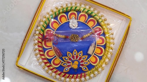 A beautifully decorated Raksha Bandhan thali set with a Rakhi, Ganesha idol, and peacock design in a gift box.