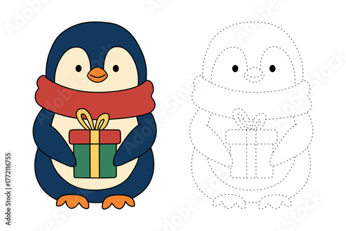 Trace and color of penguin with red scarf and christmas gift box for kids christmas worksheet