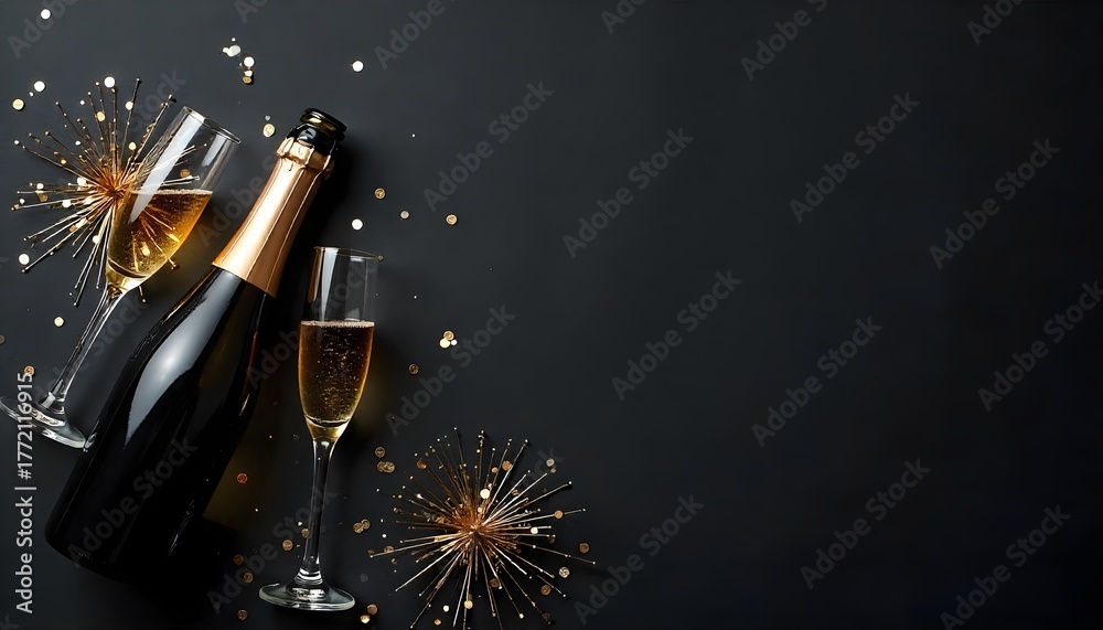 Fototapeta premium Elegant champagne bottle and glass set against a black background, perfect for a luxurious New Year's Eve party