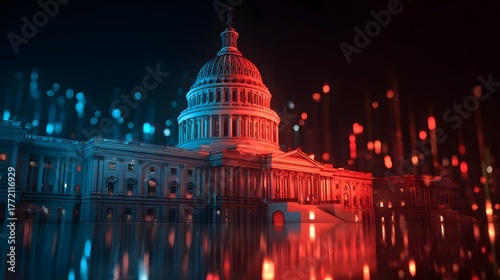 Monumental seat of government illuminated by dramatic contrasting colors against a dark background