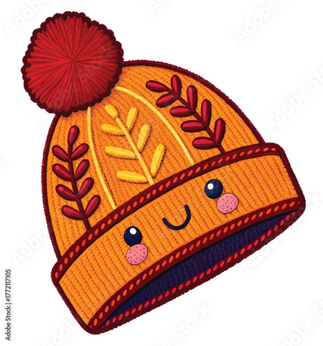 Cheerful knitted winter hat with cute face illustration brings warmth and joy to seasonal designs, perfect for holiday promotions and children's content