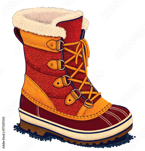 Stylish insulated winter boot with faux fur trim, ready for snowy adventures and après-ski fashion, perfect for seasonal promotions and outdoor campaigns