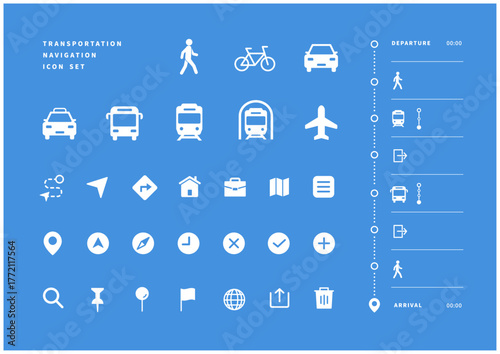 ナビゲーションデザインピクトグラム　案内や地図デザインに使える白い乗り物シルエット素材