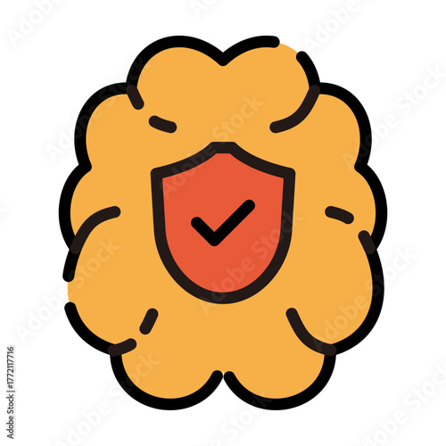 Mental health filled line color icon. Health symbol with human brain and check mark.