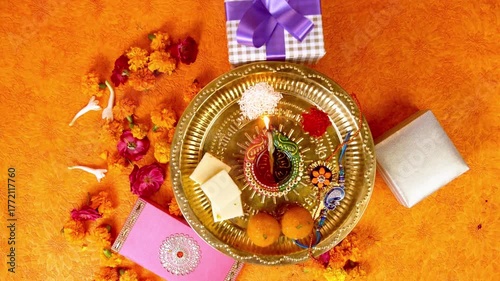 A vibrant Raksha Bandhan celebration featuring a decorated plate with traditional elements and gifts.