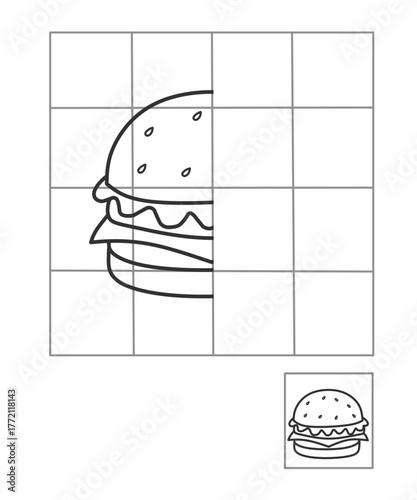 Burger symmetry drawing worksheet for preschoolers. Complete the other half to learn shapes and symmetry.