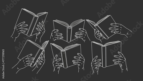 Hands holding open books creating a seamless reading pattern on dark background