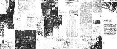 Vector white and black newspaper paper grunge vintage old aged texture with fragments of newspaper text Transparent background.
