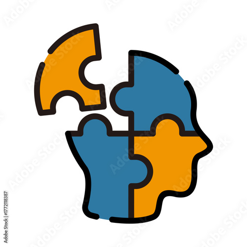Mental health filled line color icon. Dementia with human head puzzle illustration.