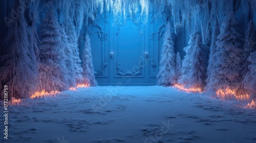 Frozen enchantment mystical ice cave fantasy realm digital art ethereal atmosphere wide angle magical adventure