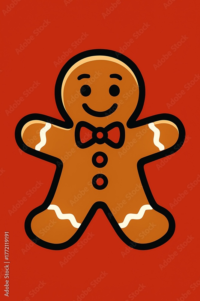 Fototapeta premium Smiling Gingerbread Man Cookie Character with Bow Tie on Red Background