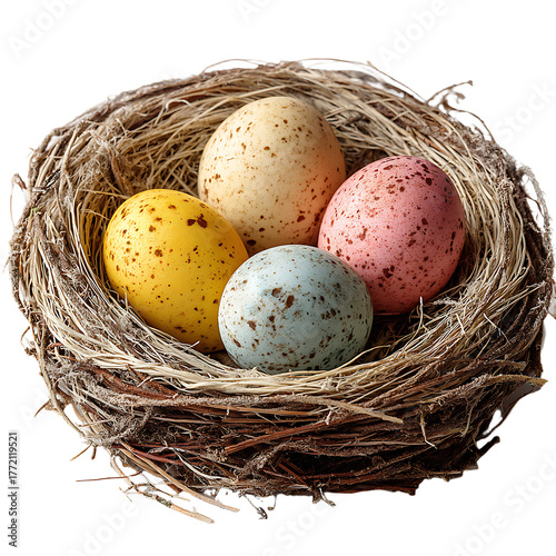 Natural bird s nest holding four speckled pastel Easter eggs