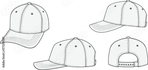 Baseball cap four angle views, front side and rear perspective, curved brim, adjustable strap, ventilation eyelets, cad drawing flat vector illustration