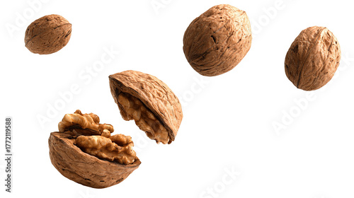 Whole and crushed walnuts close-up in the air on a white background