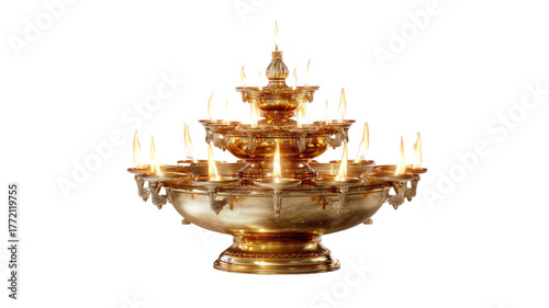 Golden multi tiered oil lamp with burning flames traditional decorative diya for celebration and worship isolated on white background