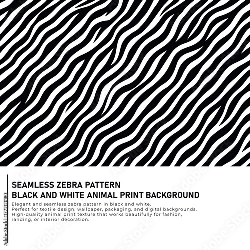 Elegant and seamless zebra pattern in black and white. Perfect for textile design, wallpaper, packaging, and digital backgrounds. High-quality animal print texture that works beautifully for fashion, 