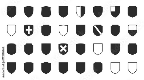 Collection of heraldic shield shapes in black and white.