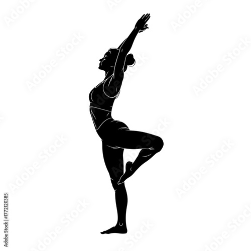 Calm Silhouette of a Woman Performing Vrksasana Tree Pose Yoga Balance Exercise