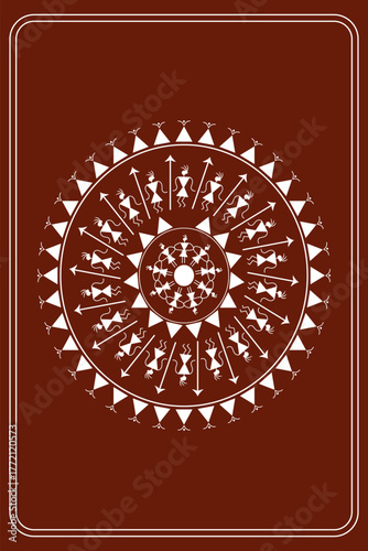 Beautiful warli style art with border frame isolated on dark brown background - vector illustration