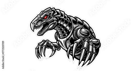 Fierce metallic robot dinosaur with glowing red eyes and sharp claws ready to attack, perfect for gaming or sci-fi themes