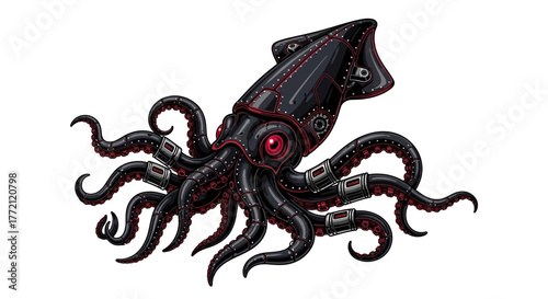 Mysterious steampunk kraken with glowing red eyes and mechanical tentacles emerges from deep sea darkness