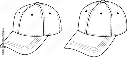 Baseball cap line drawing three quarter front view, six panel design, curved brim, ventilation eyelets, detailed stitching, cad drawing flat vector illustration