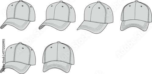 Baseball cap six angle views, side, front and three quarter perspectives, curved brim, ventilation eyelets, detailed stitching, cad drawing flat vector illustration