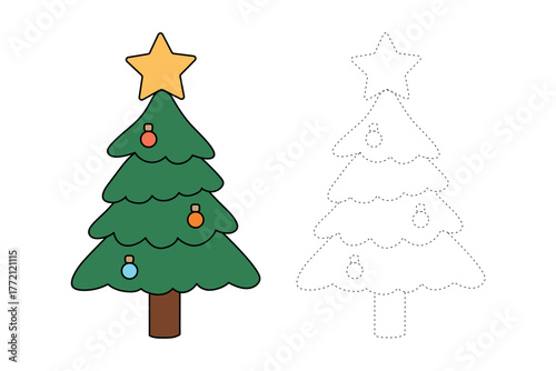 Trace and color of Christmas tree for kids Christmas worksheet printable vector