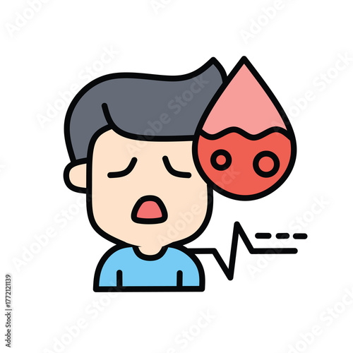 Cartoon illustration of a person experiencing a health crisis, with a blood drop and irregular heartbeat, symbolizing illness, medical emergency, and diagnostic