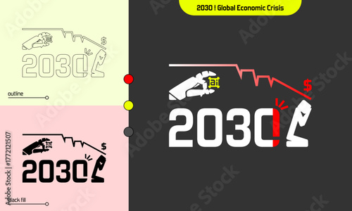 Concept vector of 2030 global economic crisis with AI robot hand, falling market line, and stressed figure, symbolizing financial instability and automation impact.