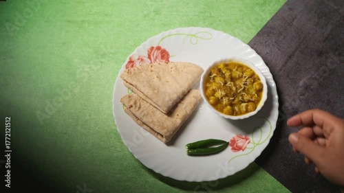 A plate of Indian food featuring roti and chana masala, garnished with green chilies.