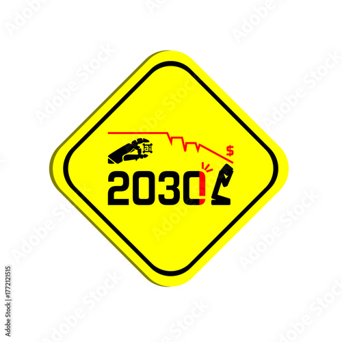 Yellow warning sign vector showing 2030 economic collapse concept with AI hand, dollar sign, and market fall, representing future financial danger and automation disruption.