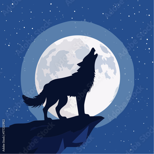 Silhouette vector illustration of a wild wolf howling at the moon on a dark night sky