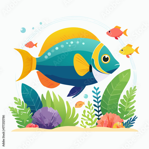 A set of cute cartoon fish and marine animals in water for a seamless vector pattern or tropical illustration
