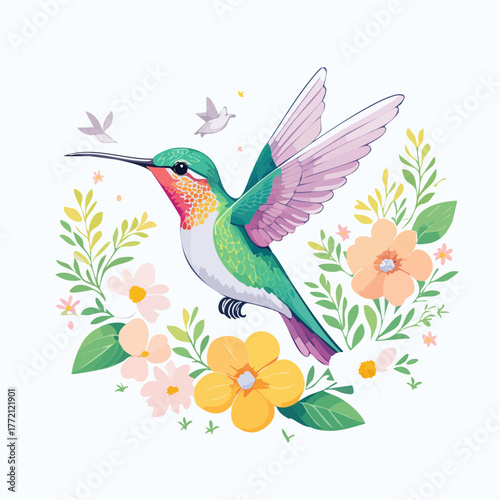 Flying hummingbird and tropical flower vector illustration design