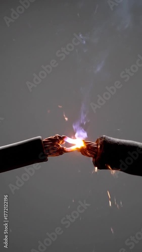 Two severed electrical wires sparking with intense heat and light. A dynamic, fiery explosion