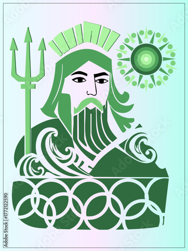 Stylized Green Sea God Vector Illustration with Trident and Waves