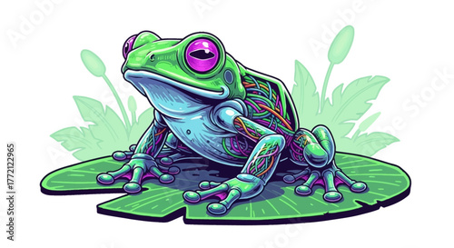 Vibrant bio-mechanical frog with colorful wires and circuitry, perched on a lily pad, a symbol of nature and technology fusion.