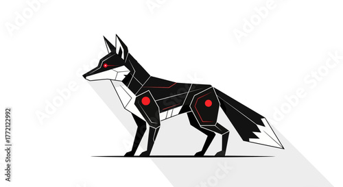 Sleek futuristic fox illustration with sharp geometric lines and glowing red accents, evoking technology and mystery