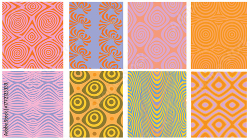 Create a seamless vector background with psychedelic swirls blending pink, yellow, and blue tones, forming hypnotic loops and flowing shapes with retro energy.